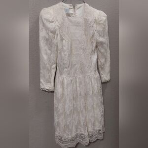 Lace Cocktail Dress with Puff Shoulders - Ivory